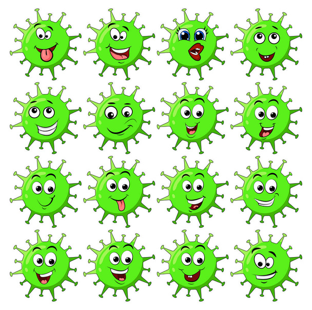 幸せな顔を持つウイルスコロナ細胞漫画のキャラクターデザイン。白い背景に隔離された顔の表情の大きなセットとコロナウイルスベクターイラスト - ベクター画像