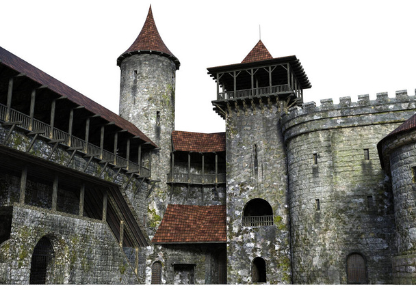 3D Renderelt középkori kastély fehér háttér - 3D illusztráció - Fotó, kép