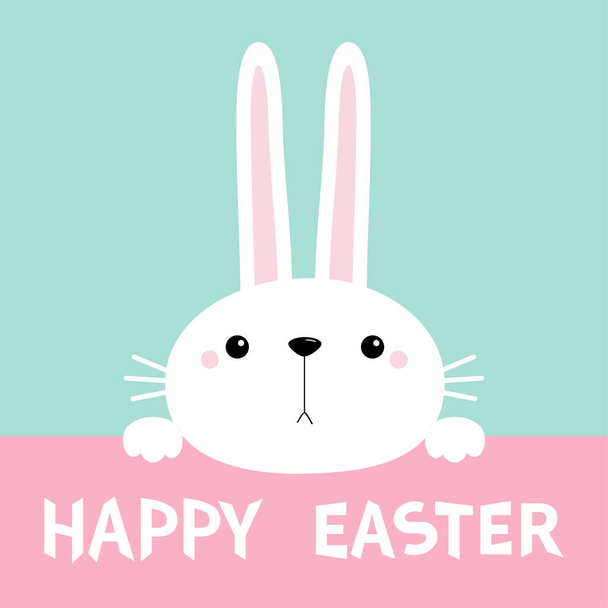 Happy Easter bunny rabbit holding paper. Cute cartoon kawaii funny baby character. Long ears. Farm animal collection. Blue background. Spring greeting card. Isolated. Flat design Vector illustration - Wektor, obraz