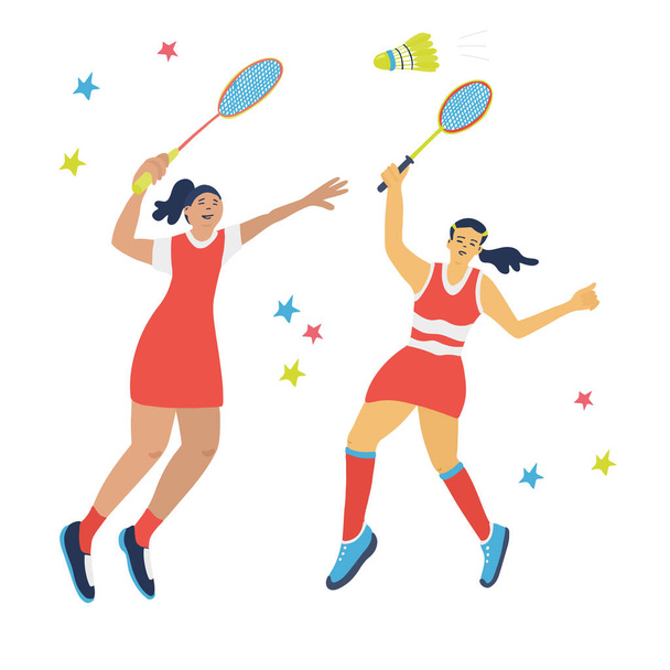 Dvojitá badmintonová hra. Ženy skáčou a houpají raketami, aby odpálily raketoplán. Skvělý sportovní plakát. Vektorová ilustrace izolovaná na bílém pozadí. Modrá, žlutá, červená barva. - Vektor, obrázek