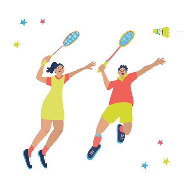 Smíšené dvojité badmintonové hry. Muž a žena vyskočí, aby zmlátili kohouta. Skvělý sportovní plakát. Vektorová ilustrace izolovaná na bílém pozadí. Modrá, žlutá, červená barva. - Vektor, obrázek