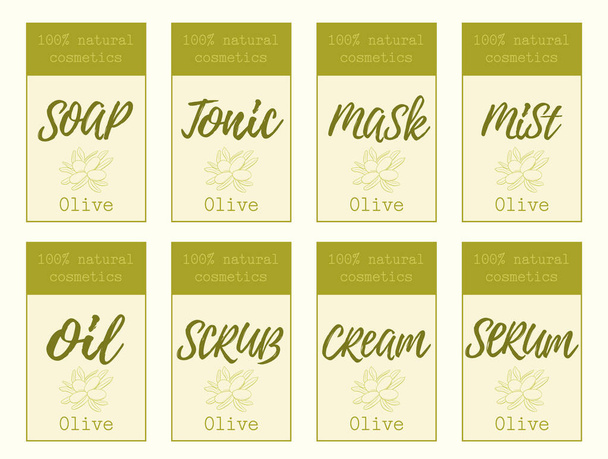 Set of labels for olive cosmetics packaging design. Organic cosmetics and natural care. - Vektor, Bild