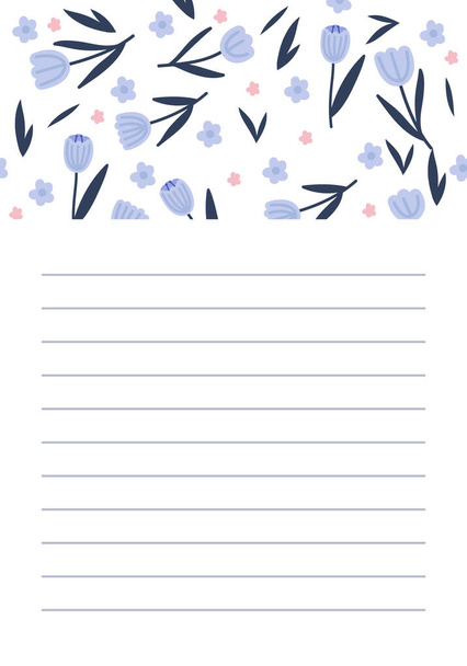 Page for notebook with tulips, flowers.Printable page template design. - Вектор,изображение