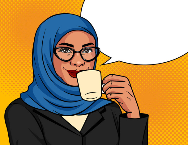 Vektorfarbige Illustration im Pop-Art-Stil. Muslimische Frau mit traditionellem Schal und Brille trinkt Kaffee. Arabische erfolgreiche Geschäftsfrau mit einer Tasse Kaffee in der Hand - Vektor, Bild