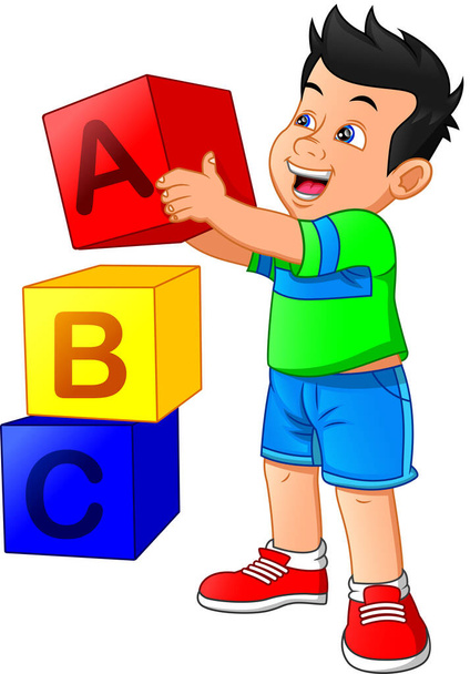 mały chłopiec bawi się alfabet bloku - Wektor, obraz