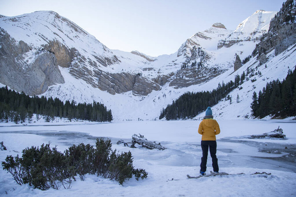 Дівчина стоїть на замерзлому гірському озері, дивлячись на засніжений пейзаж з жовтим піджаком, чорними штанами і синім капелюхом
. - Фото, зображення