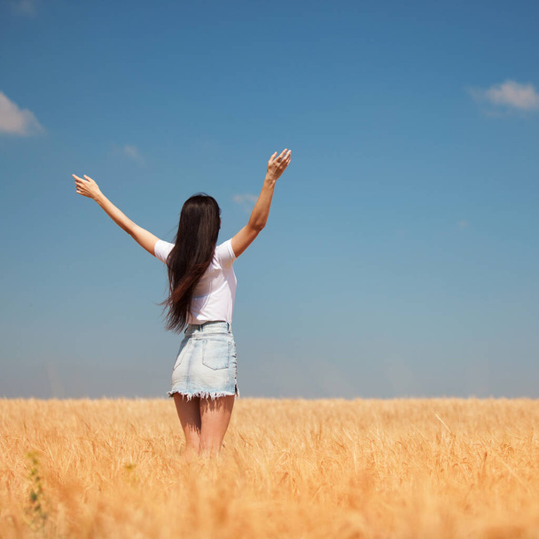 Happy woman enjoying the life in the field Nature beauty, blue sky and field with golden wheat. Outdoor lifestyle. Freedom concept. Woman jump in summer field - Photo, image