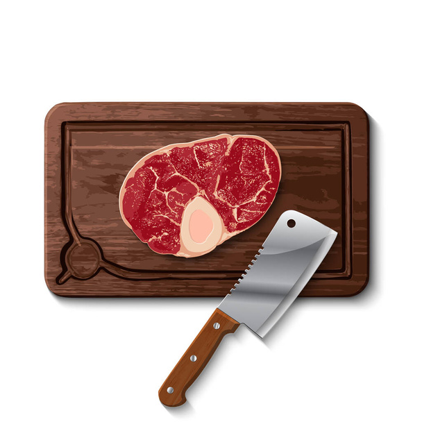 Cooking banner. Raw chicken fillet on wooden cutting board, kitchen knife,  spices, lemon. Vector illustration of fresh meat in cartoon simple flat  style. Stock Vector