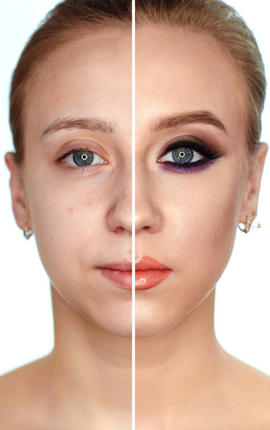 Genç bir kadının portresi. Makyajdan önce ve sonra kolaj. Beyaz arkaplanda izole et. - Fotoğraf, Görsel
