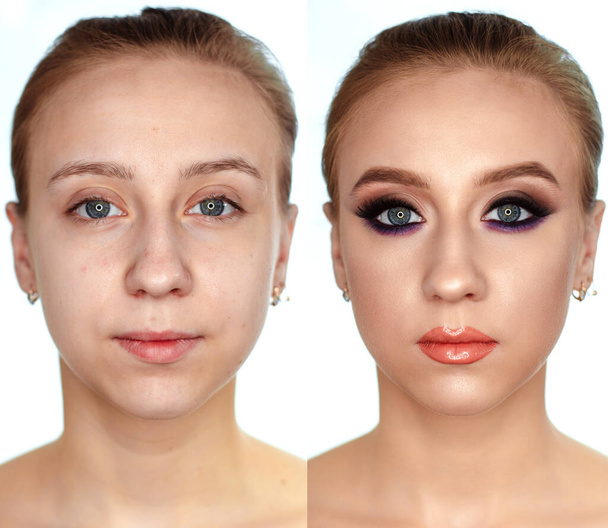 Portrait of a young woman. Collage before and after makeup. Isolate on white background. - Photo, Image