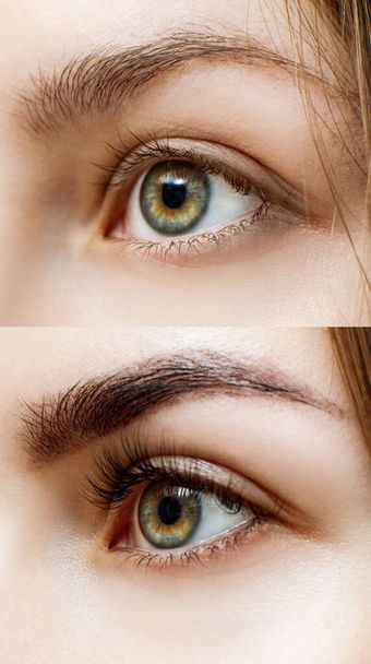 Collage of woman before and after extended eyelashes. - Photo, Image