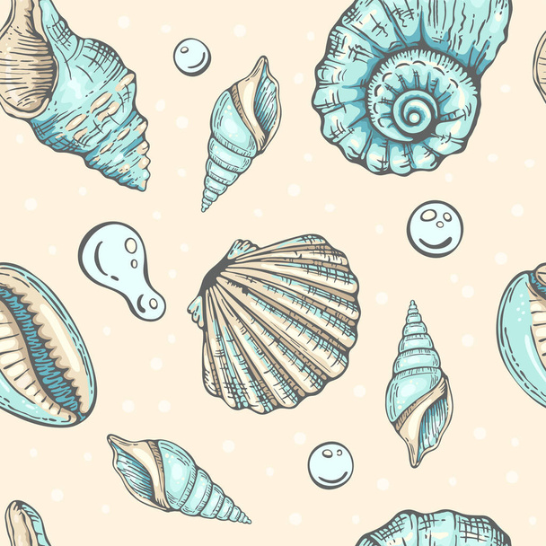 Seamless pattern with seashells and bubbles. Marine background. Endless vector illustration in sketch style. Backdrop for greetings, invitations, wrapping paper, textile. - Вектор,изображение