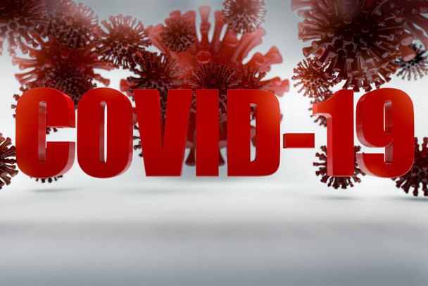 3D renderowanie modelu koronawirusa i banera COVID-19. Kontekst pandemii światowej wirusa korony 2019-nCov. Epidemy pochodzi z Wuhan, Chiny - Zdjęcie, obraz