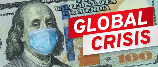 Medical mask on a banknote of 100 dollars, concept of the global financial crisis. Medical mask or surgical mask on american money. COVID-19 coronavirus in USA. Doctor mask protects against COVID-19. - Zdjęcie, obraz
