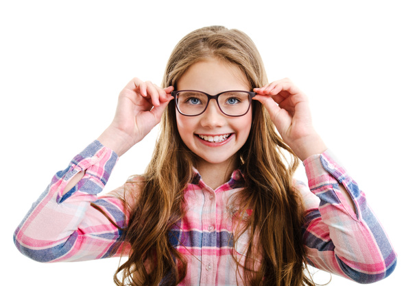 Sonriente linda niña adolescente en gafas educación, escuela y concepto de visión aislado en un blanco
 - Foto, imagen