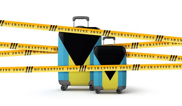 Bahamas flag suitcase covered in quarantine zone tape. 3D Render - Foto, imagen