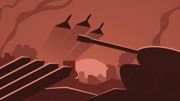 Vector illustration of a war scene, battleground. Battlefield drawing with a tank, fighter jets, combat weapons, guns and smoke. Concept illustration of a war. - Vector, Image