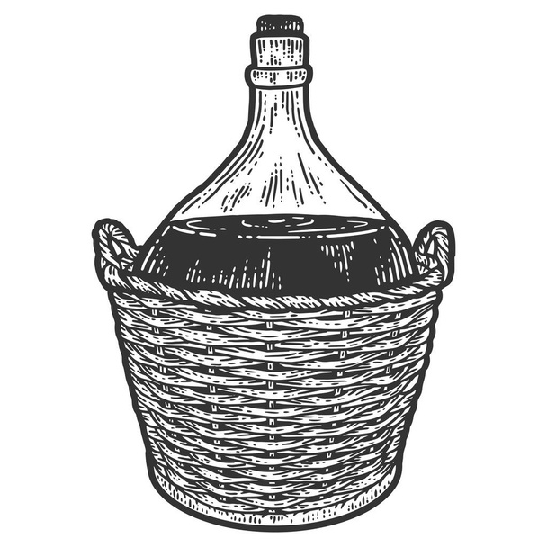 Wine bottle in a protective wicker basket. Apparel print design. Scratch board imitation. Black and white hand drawn image. - Vector, Image