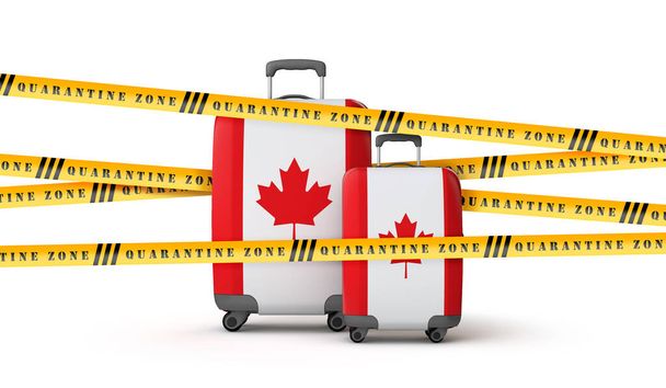 Canada flag suitcase covered in quarantine zone tape. 3D Render - Photo, image