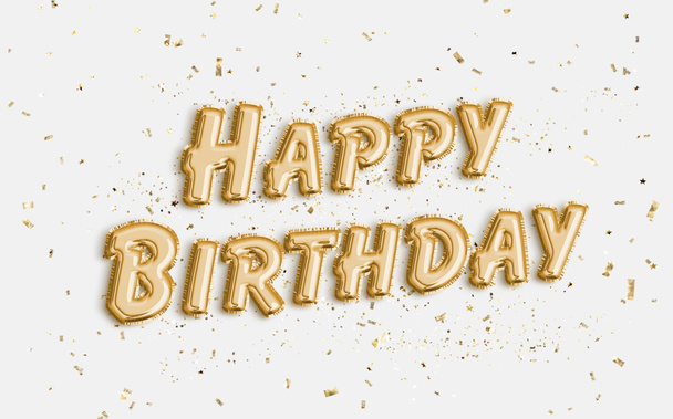 Happy Birthday made of balloon letters on white background. Gold balloons & confetti for greeting card, banner, birthday invitation, celebrate. Photo stock. - Photo, Image