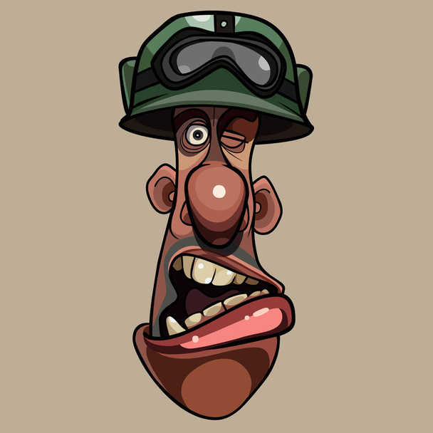 head of a funny cartoon talking man in green helmet with glasses - Vector, afbeelding
