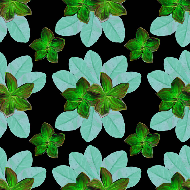 Frangipani Plumeria Tropical Flowers. Seamless Pattern Background. Tropical floral summer seamless pattern background with green plumeria flowers with turquoise leaves on black background. - 写真・画像