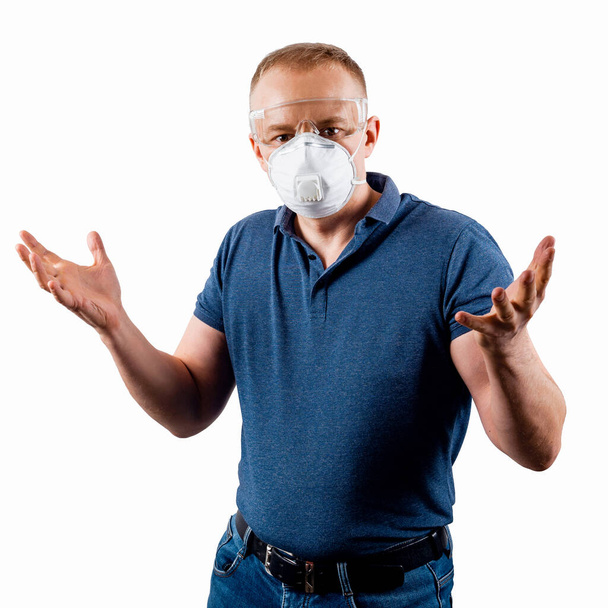 Man in a protective mask isolated on a white background. Human in confused. - Photo, Image