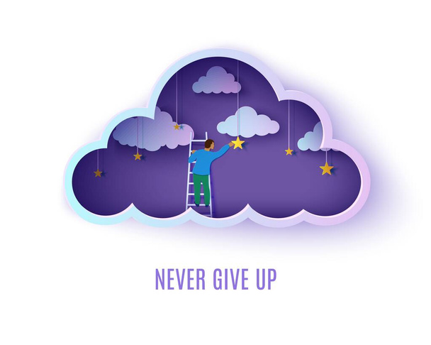 Man on a ladder to pick the star in the cloud night sky paper cut style. Papercut businessman climbing on ladder and trying to catch dream star. Follow your dreams vector motivational poster concept. - Vector, Image