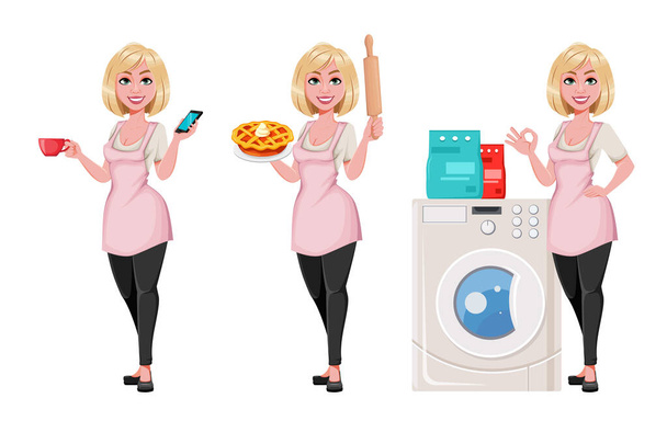 Ev hanımı konsepti, genç ve şık bir kadın, üç pozu var. Kahveli, akıllı telefonlu, turtalı ve çamaşır makineli güzel bir bayan çizgi film karakteri. Stok vektörü - Vektör, Görsel