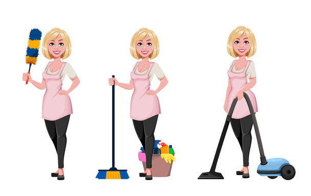 Huisvrouw concept, jonge stijlvolle vrouw schoonmaken, set van drie poses. Mooie vrouwelijke stripfiguur. Voorraadvector - Vector, afbeelding