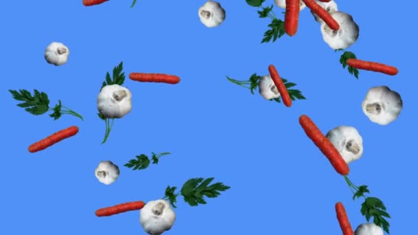 Sebzeler düşen animasyon kroma anahtar element döngüsü, havuç, sarımsak ve maydanoz. - Video, Çekim