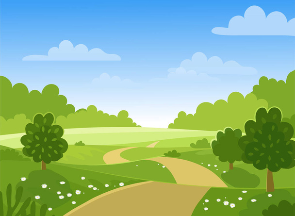 Spring trees on the farm. Green hills and meadows, blue sky with clouds, flowers and trees. Card with spring or summer landscape. Flat vector illustration. - Vetor, Imagem