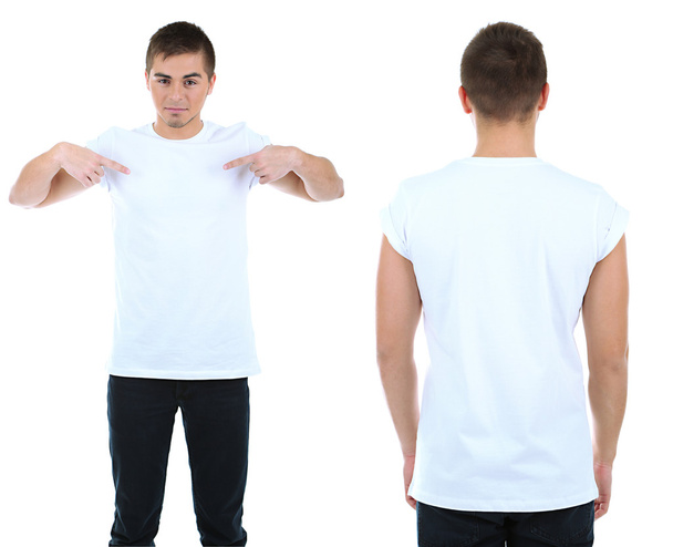 T-shirt su giovane uomo davanti e dietro isolato su bianco
 - Foto, immagini