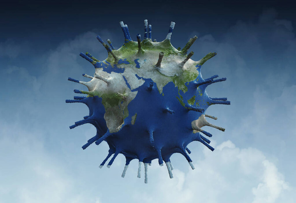 Microscopisch zicht op een besmettelijk virus. Viruscel met wereldkaart textuur.. 3D illustratie van Coronavirus cellen - Foto, afbeelding