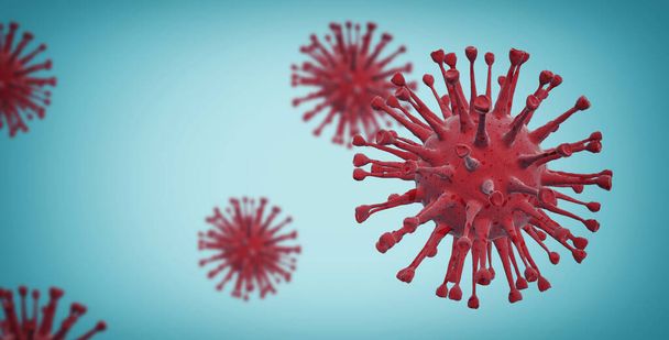 Visão microscópica de um vírus infeccioso. Grupo de células virais. Ilustração 3D das células do Coronavirus
 - Foto, Imagem