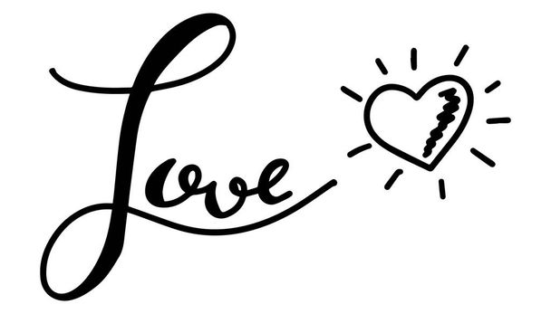 Black hand drawing in word love with heart symbol on white background - Vetor, Imagem