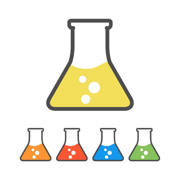 Chemie flack ikona barevné sady s látkami. Vektorová ilustrace izolovaná na bílém. Laboratorní vybavení pro vědu, medicínu a biologii. - Vektor, obrázek