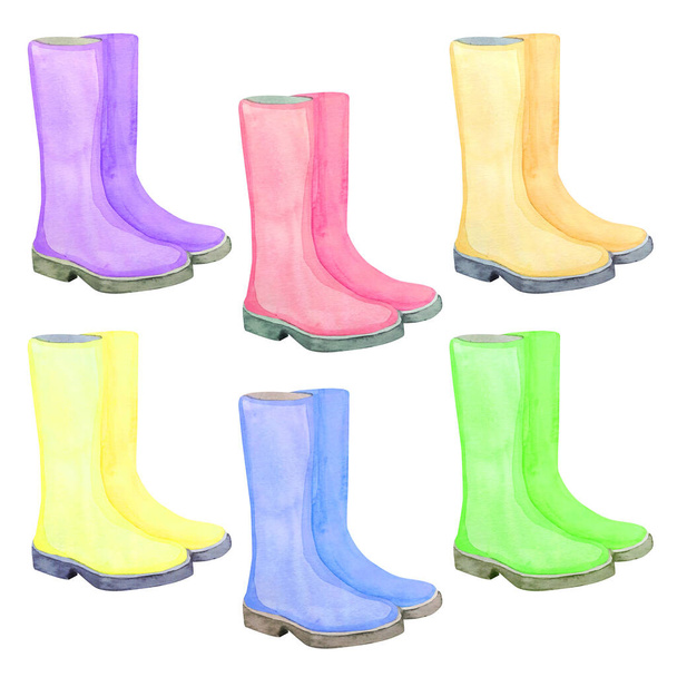 Watercolor set with rubber boots of different colors isolated on a white background. Purple, pink, orange, blue, green and yellow boots for the garden. - Фото, зображення