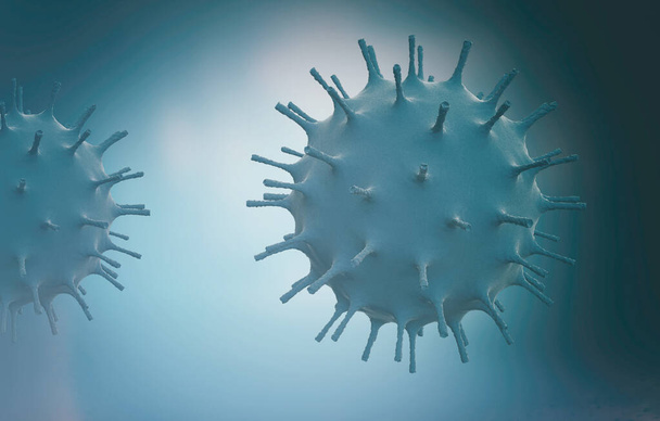 Vista microscópica de un virus infeccioso. Grupo de células virales. Ilustración 3D de las células del Coronavirus
 - Foto, Imagen