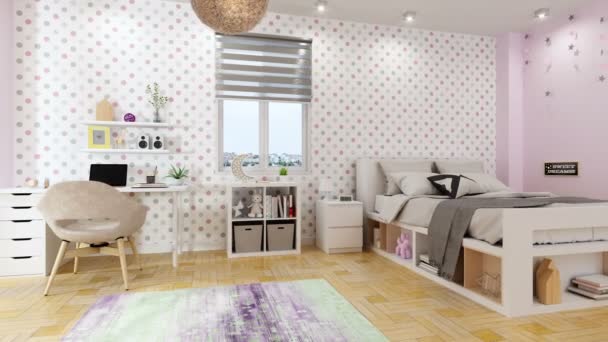 ピンクの女の子の寝室のインテリア  - 映像、動画