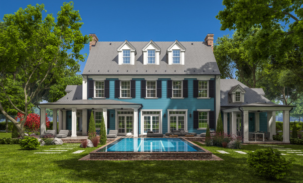 3d rendering of modern cozy classic house in colonial style with garage and pool for sale or rent with beautiful landscaping on background. Clear sunny summer day with blue sky. - Photo, Image