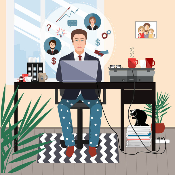 Businessman in a suit jacket and pajama bottoms working from home using laptop computer. Covid or coronavirus quarantine concept, self isolation. Vector flat style illustration isolated on white - Vector, Image