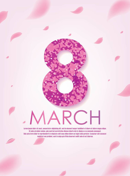 Rózsaszín 8 Március szétszórt virágszirmok. Nemzetközi nőnapi vektortervezés. - Vektor, kép