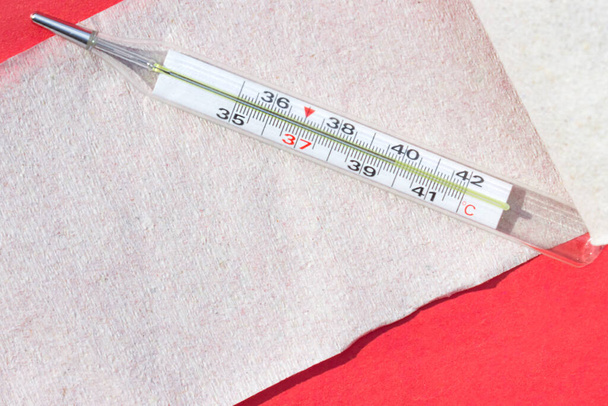  thermometer with high temperature and toilet paper are on a red background, color trend 2020.Global problems and closure of air borders due to coronavirus. diarrhea and high fever are signs of the virus - Photo, Image