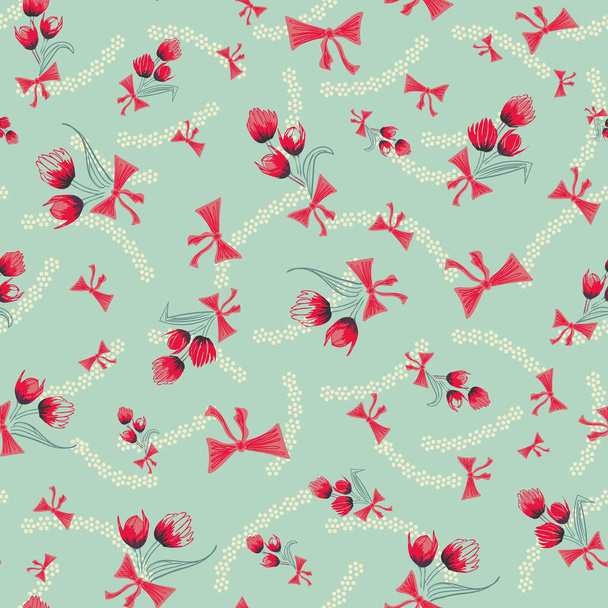 rode tulpen boeketten naadloze vector patroon op een pastel teal achtergrond - Vector, afbeelding
