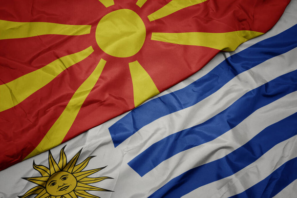 zwaaiende vlag van uruguay en nationale vlag van macedonië. Macro - Foto, afbeelding