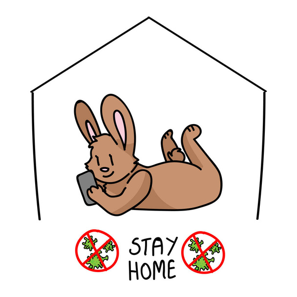 Corona virüslü çocuklar çizgi filmi evde kalıyor sevimli tavşan telefonu bilgisi. Eğitimsel grafik kendini soyutlayan bir aile. Çocuklar için dostane bir sosyal ikon, virüs resmi. Vektör güvenlik uyarısı.  - Vektör, Görsel