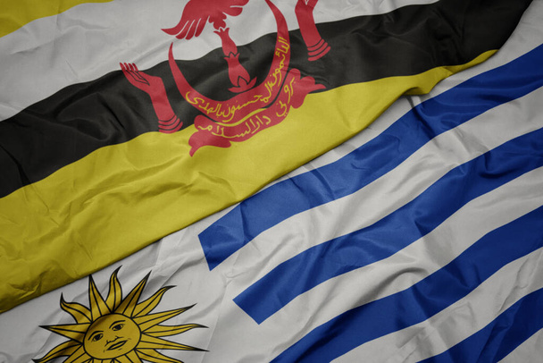 acenando bandeira colorida de uruguai e bandeira nacional de brunei. macro
 - Foto, Imagem