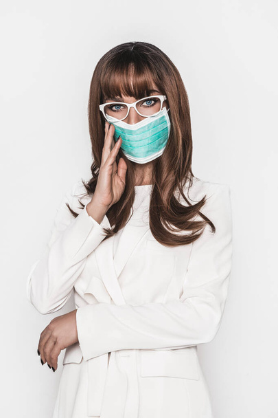 Woman in mask. Virus and smog concept. Corona virus outbreaking. Epidemic virus Respiratory Syndrome. Doctor medical nurse . - Фото, изображение