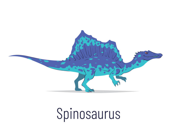 Spinosaurus. Theropoda dinosaur. Colorful vector illustration of prehistoric creature spinosaurus in hand drawn flat style isolated on white background. Predatory fossil dinosaur. - Vector, imagen